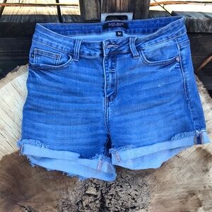 Judy Blue Distressed High-Waisted Blue Jean Shorts